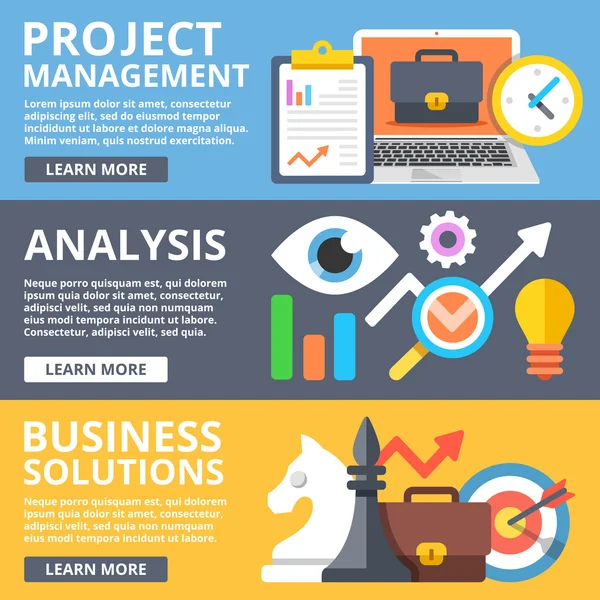 Projektmanagement, Analyse, Business Solutions Flachbild-Set — Stockvektor