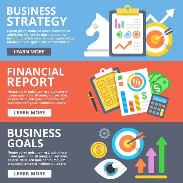 Business strategy, financial report, business goals flat illustration set — Stock vektor