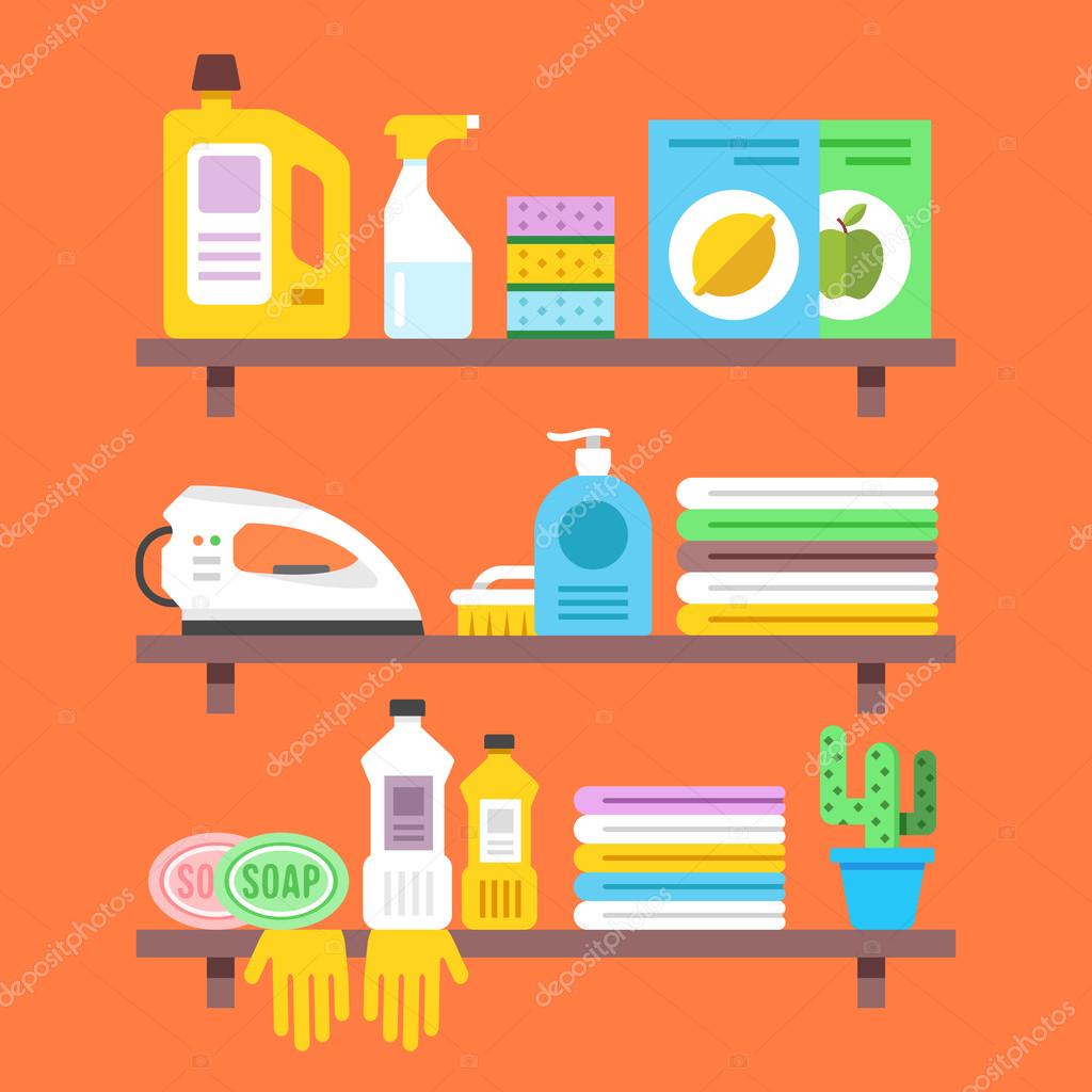 Household goods, household products on shelves. Flat vector
