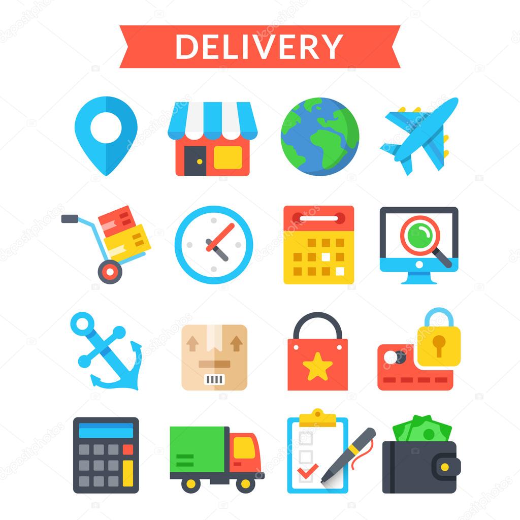 Delivery icons set. Shipping, delivery, logistics, warehouse, goods tracking. Flat vector icons set