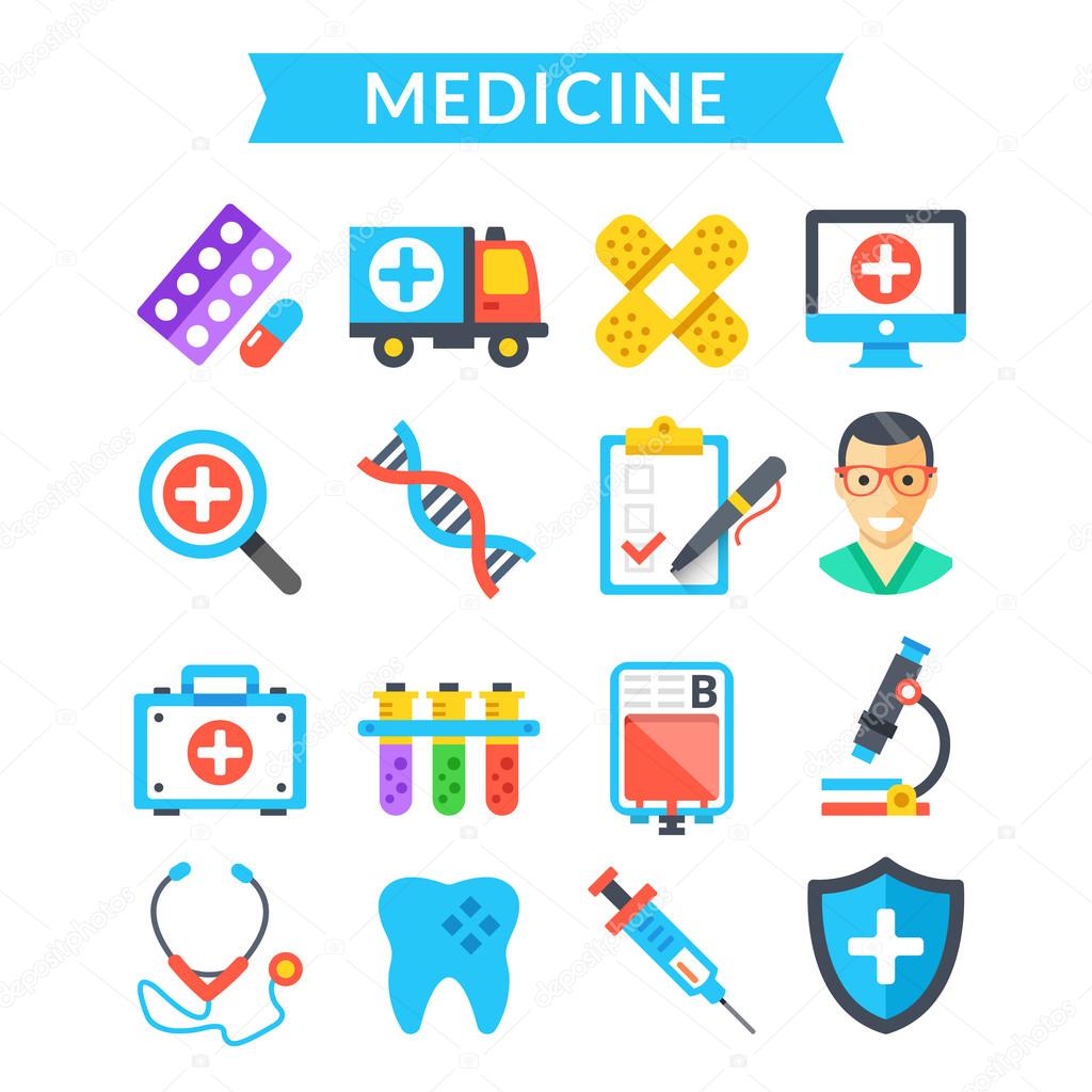 Medical icons set. Medicine, treatment, science, healthcare, diagnostics. Flat vector icons set