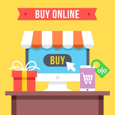 Online düz illüstrasyon satın alın. Elektronik ticaret, internet alışverişi
