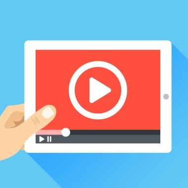 Video çerçevesi ve oynatma düğmesine sahip el tutma tableti. Video pazarlama, online sinema. Modern düz illüstrasyon