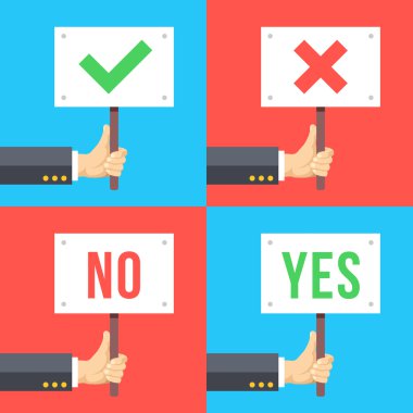 Farklı işaretler tutan eller. Düz vektör çizimi