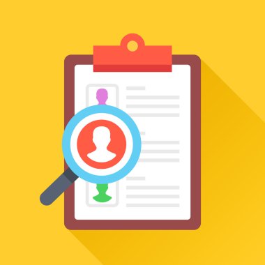 Clipboard and magnifying glass with man silhouette. Flat vector illustration