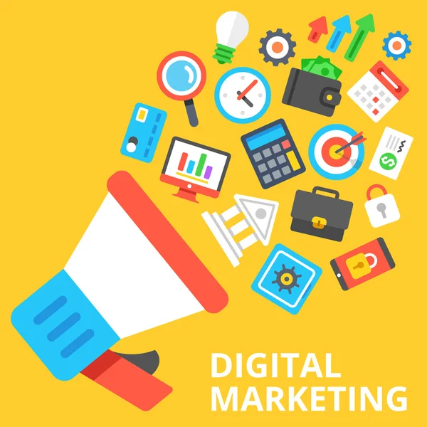 Marketing digital ilustração plana. Alto-falante com muitos ícones de marketing e negócios —  Vetores de Stock