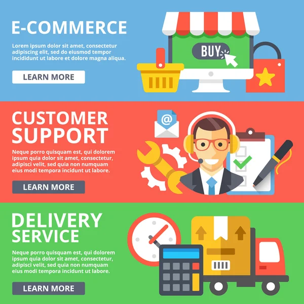 E-commerce, Customer Support, delivery service platte illustratie set — Stockvector