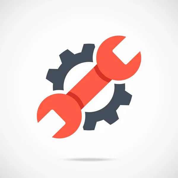 Fogaskerék és Csavarkulcs ikon. Vörös kulcs és fekete fogasa. Kreatív grafikai logo elem — Stock Vector