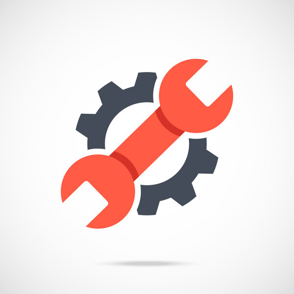 Gear and wrench icon. Red spanner and black cog. Creative graphic design logo element