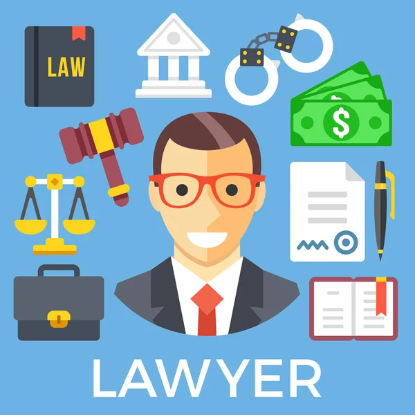 Advokat och rättssystem ikoner set. Rättsvetenskap, ungdoms rättsväsende, lag ikoner — Stock vektor