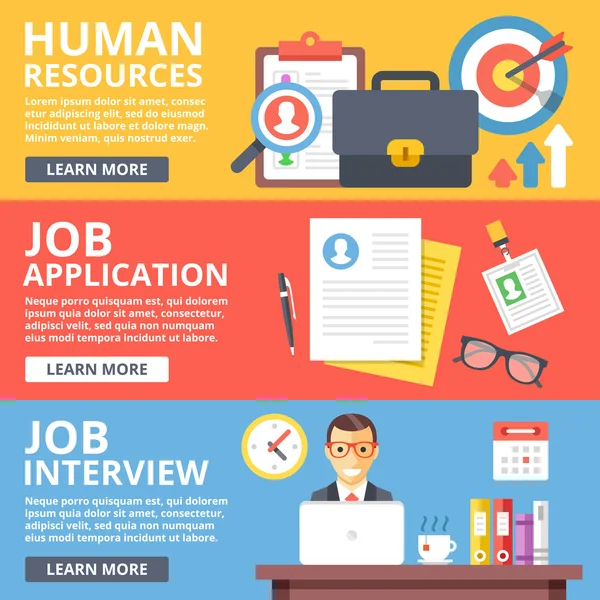 Recursos humanos, solicitud de empleo, entrevista de trabajo conjunto de ilustración plana — Vector de stock