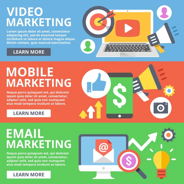 Video Marketing, mobil marknadsföring, e-postmarknadsföring platt illustration set — Stock vektor