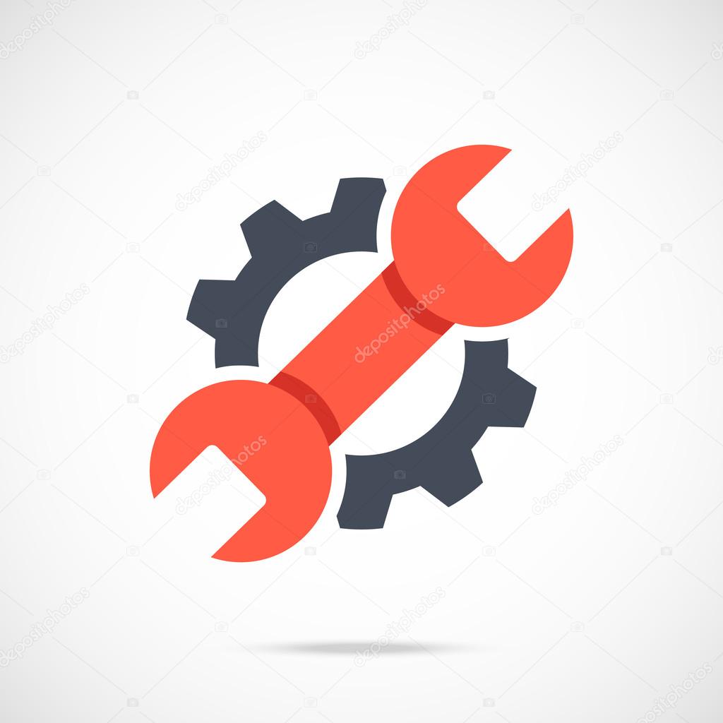 Gear and wrench icon. Red spanner and black cog. Creative graphic design logo element