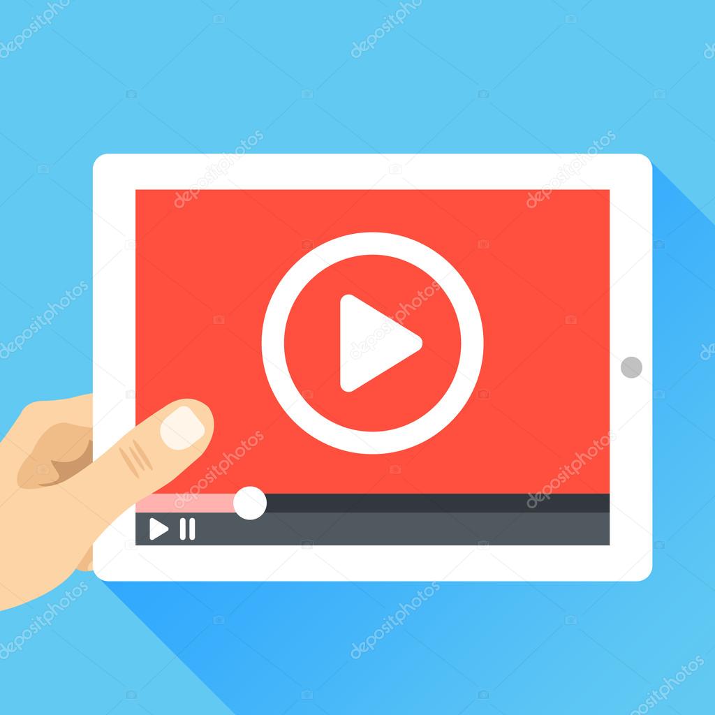 Hand holding tablet with video frame and play button. Video marketing, online cinema. Modern flat illustration