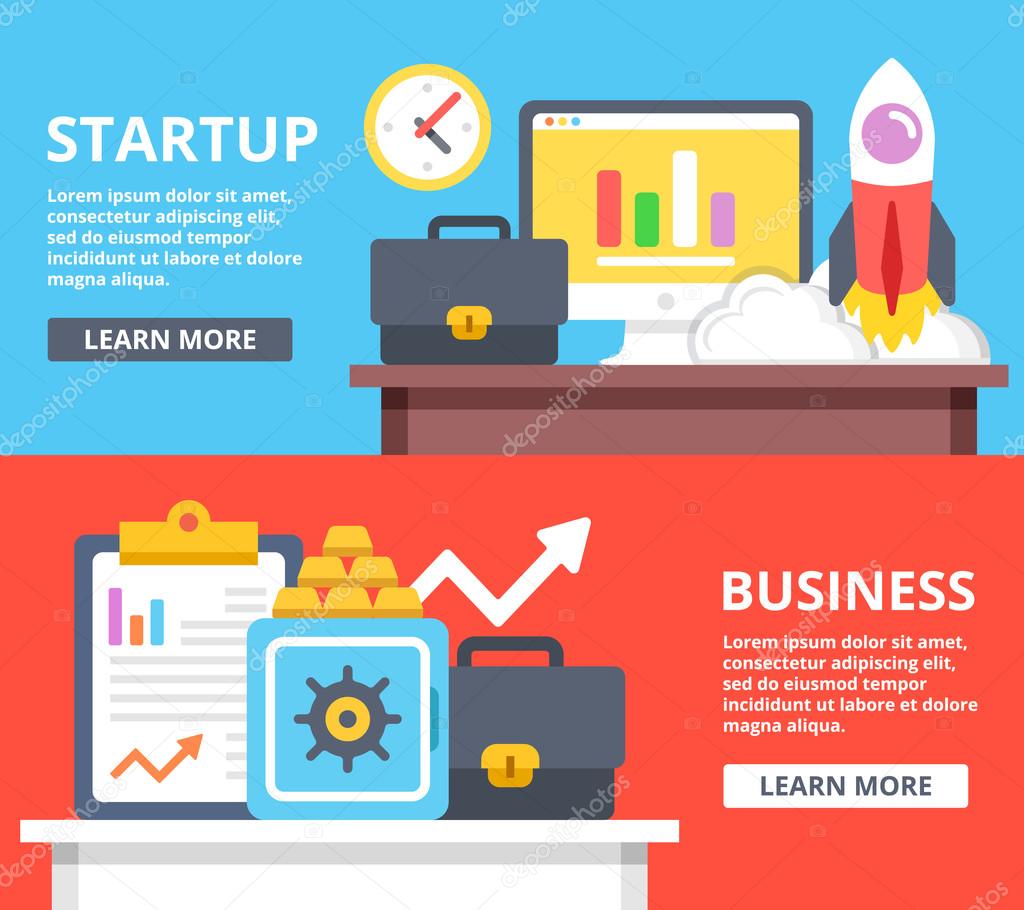 Startup, business web banners set. Creative flat illustrations and flat design elements