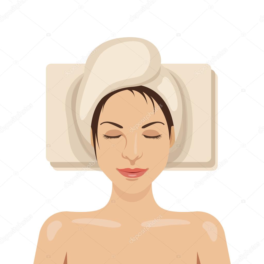Woman with towel on her head is lying. Spa therapy, beauty services concepts. Vector illustration