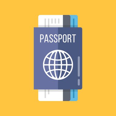 Pasaport ve uçak biletleri düz illüstrasyon. Mavi pasaport ve biniş kartı