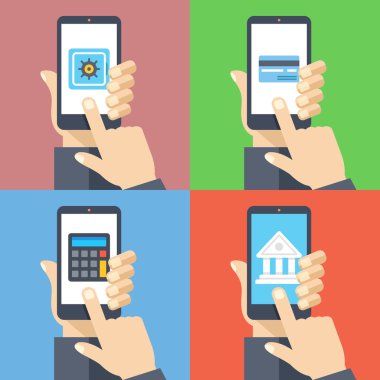Akıllı telefonlar 4 afiş seti ile eller. Mobil bankacılık, kişisel hesap, akıllı telefon ile ödeme, hesaplamalar, mevduat kavramları