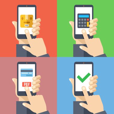 Akıllı telefonlar 4 afiş seti ile eller. Akıllı telefon ile sipariş mal, online ödeme, nakliye maliyet hesap makinesi modern kavramlar