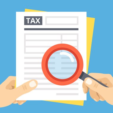 Büyüteç cam ile vergi formu incelemesi. Finansal denetim, vergi sezonu, veri analizi, finansal rapor. Düz vektör çizimi