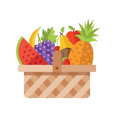 Wicker basket full of fruits. Modern flat design concepts