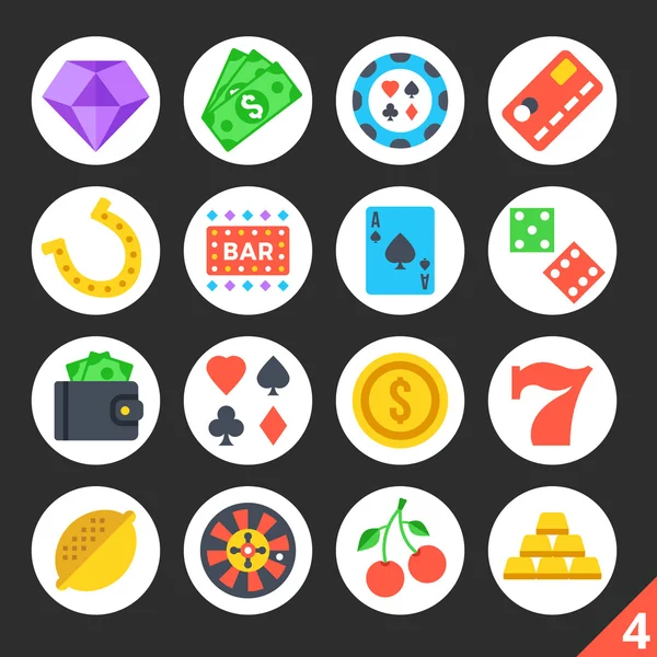 Jogo, casino, jogo de azar rodada ícones planos definido 4 — Vetor de Stock