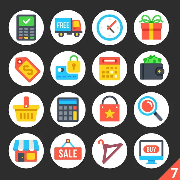 Compras, consumo, comercio electrónico, comercio minorista conjunto de iconos planos redondos 7 — Vector de stock