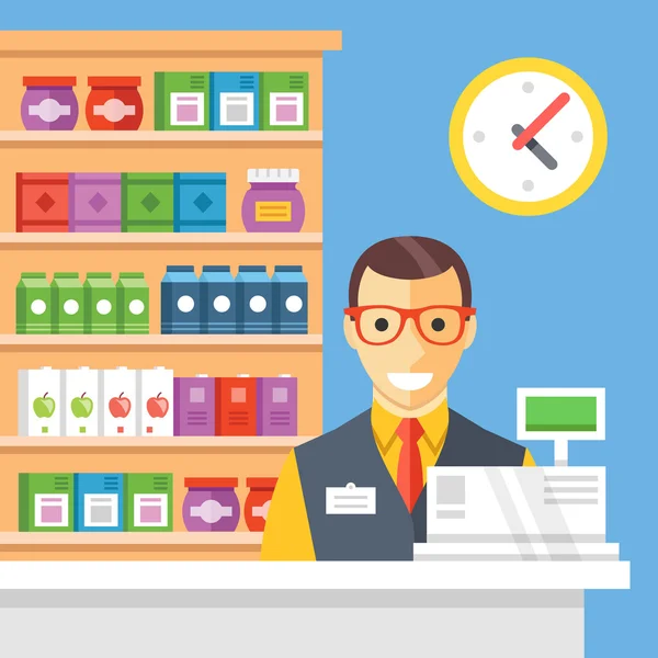 Supermarkt Checkout en kassier. Platte vector illustratie — Stockvector