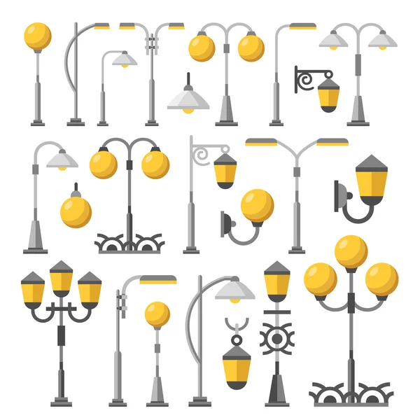 Luz de calle lista. Post exterior luces, lámparas, faroles de calle, colección de elementos de la ciudad. Diseño plano concepto vector ilustración — Archivo Imágenes Vectoriales