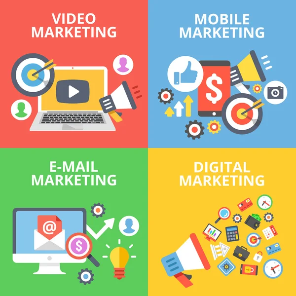 Video marketing, mobile marketing, e-mail marketing, digital marketing flat illustration concept set — Vettoriale Stock