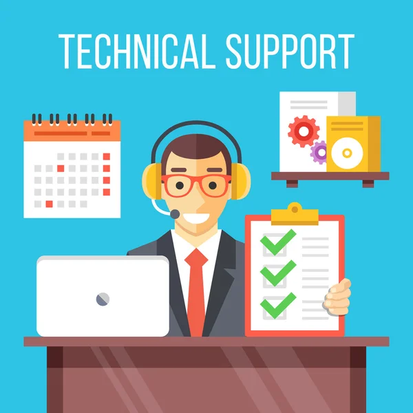 Teknisk support specialist på jobbet. Callcenter agent i hans kontor. Platt vektor illustration — Stock vektor