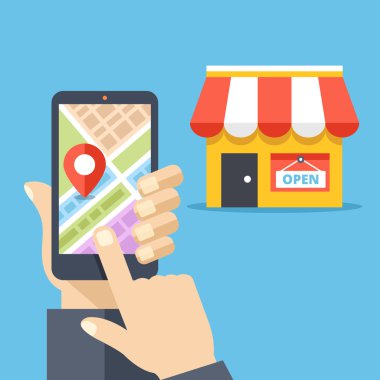 Holding smartphone şehir haritası ile el ve ekranda store location ve simge saklayın. Mobil navigasyon, gps navigator, rota kavramları. Modern düz tasarım vektör çizim