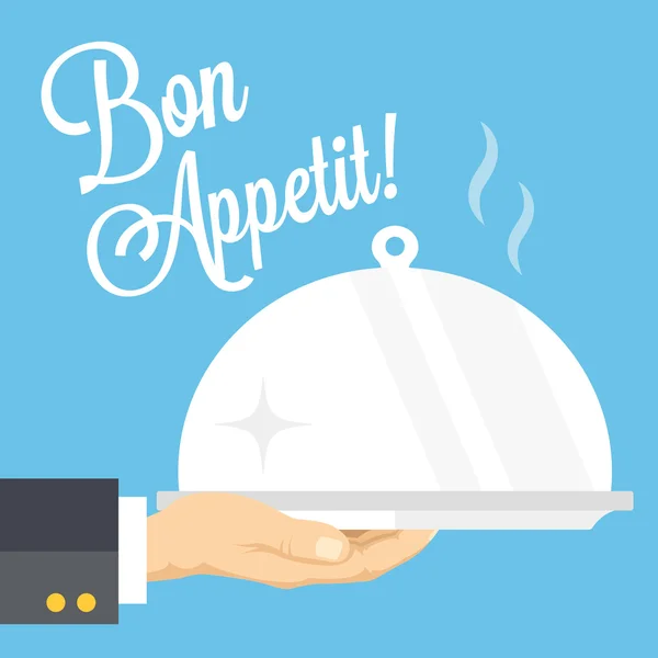 Main de serveur avec cloche et plateau de service. Illustration vectorielle design plat moderne — Image vectorielle