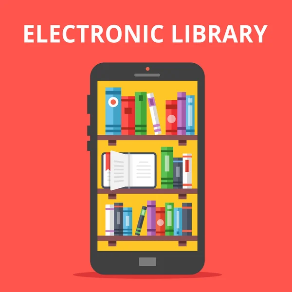 मोबाइल फोन स्क्रीन पर ऑनलाइन पुस्तकालय। इलेक्ट्रॉनिक पुस्तकालय अवधारणा। वेक्टर फ्लैट इलस्ट्रेशन — स्टॉक वेक्टर