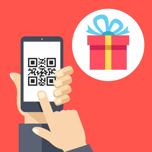 Smartphone à main avec code QR à l'écran et cadeau. Numérisez le code QR et obtenez un cadeau ou un concept de réduction. Illustration vectorielle design plat — Image vectorielle