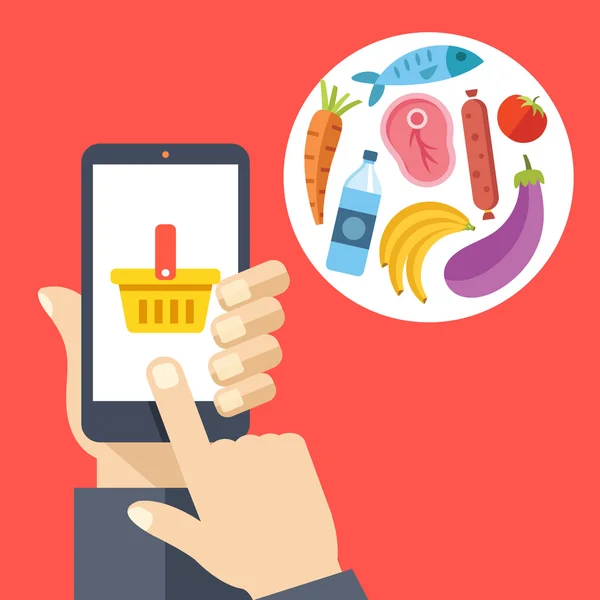 Mão segurando smartphone com cesta de compras e produtos alimentares. Compre comida on-line, ordem internet, comércio eletrônico. Ilustração vetorial plana — Vetor de Stock