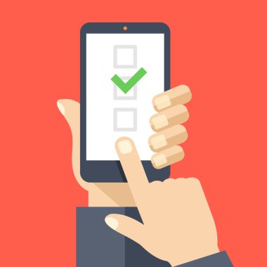 Smartphone ekranında onay kutuları. Elini tut smartphone, parmak dokunmatik ekran. Onay kutuları ve onay işareti. Yaratıcı düz tasarım vektör çizim