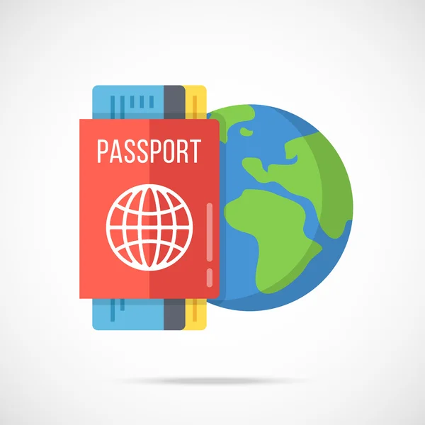 Pasaporte vectorial, tarjeta de embarque e icono del planeta Tierra. Viajar al extranjero, vacaciones, visa, conceptos de ciudadanía. Diseño plano vector ilustración — Archivo Imágenes Vectoriales