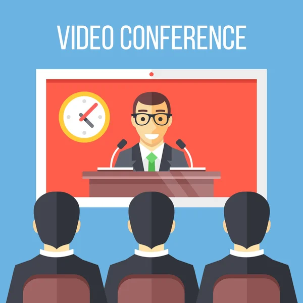 Videokonferens platt illustration. Affärsmän sitter på stol, chef på tal från digital platt. Vektor illustration — Stock vektor
