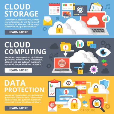 Bulut depolama, bulut bilgisayar, veri koruma düz tasarım resimde kümesi. Modern vektör çizim