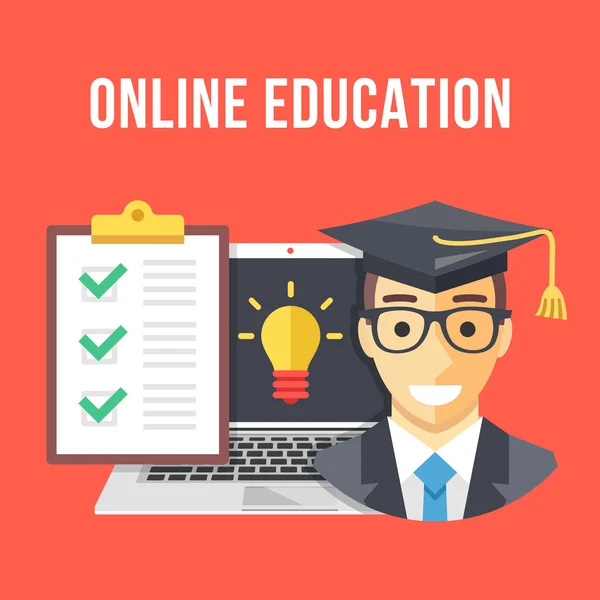 Educación en línea. Icono de estudiante, portátil y bombilla, portapapeles con lista de verificación y marcas de verificación. Diseño plano creativo vector ilustración — Vector de stock