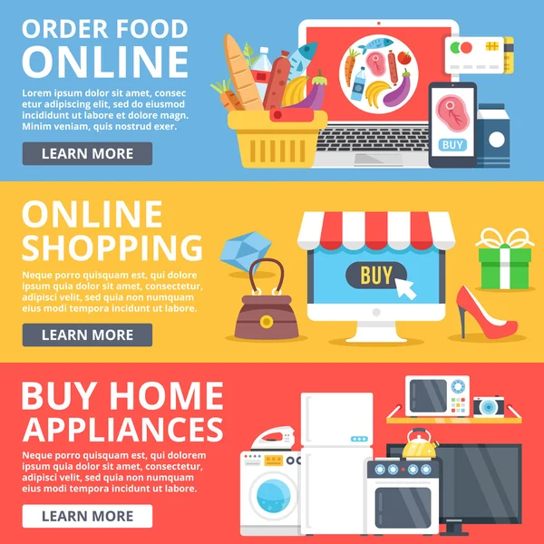 Pedir comida en línea, compras en línea, comprar electrodomésticos conjunto de ilustración plana. Ilustración vectorial moderna — Vector de stock