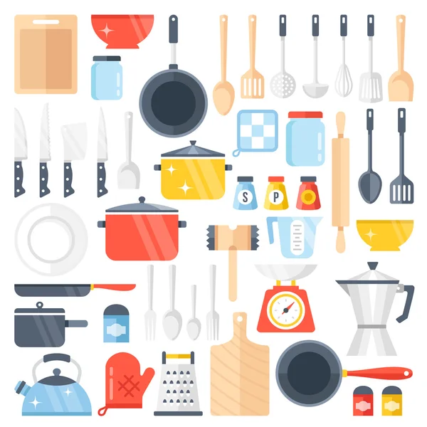 Keuken Vectorgereedschappen instellen. Keukengerei-collectie. Veel gebruiksvoorwerpen, bestek en keukengerei. Moderne platte ontwerp vectorillustratie — Stockvector