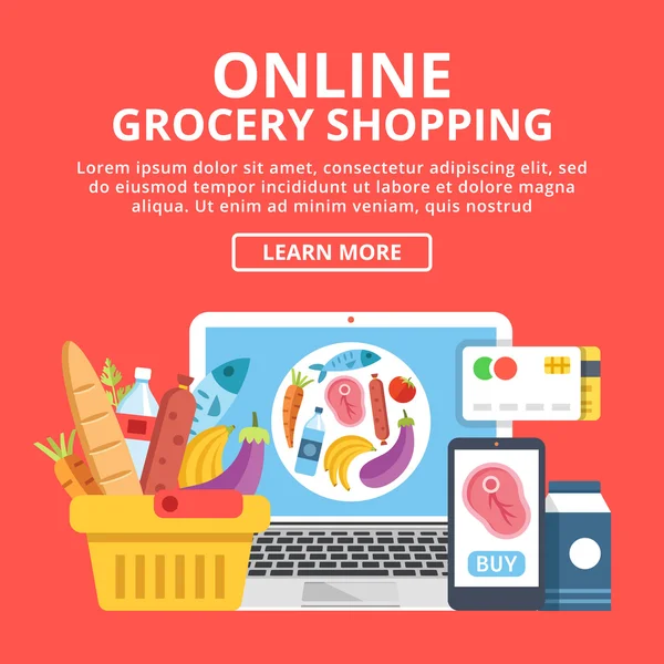 Online grocery shopping web banner concept. Illustrazione vettoriale piatto — Vettoriale Stock