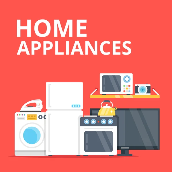 Vector home appliances set. Washing machine, iron, fridge, stove, microwave, camera, tv icons set. Modern flat design vector illustration — Stock Vector