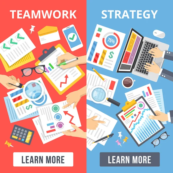 Teamwork, strategy flat illustration set. Hands, documents, office equipment, etc. Top view. Flat design vector illustration — Stock Vector