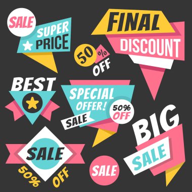 Renkli satış afiş, indirimli kağıt afiş, origami rozetleri seti, el ilanları, etiketler ayarlayın. Trendy düz tasarım grafik elemanları. Vektör çizimi