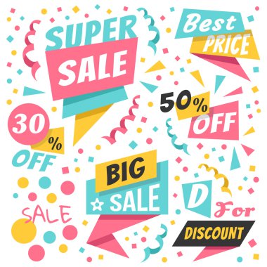 Renkli tatil satış kağıt afiş, origami rozetleri seti, prim indirim etiketleri ayarlayın. Trendy düz tasarım grafik elemanları. Vektör çizimi