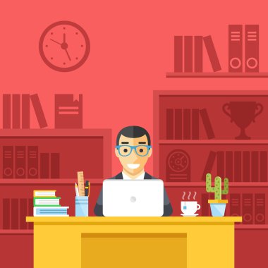 Ofisteki mutlu adam. Masada gülümseyen adam, çalışma alanı, ofis odası, iş yeri kavramları. Ön görüş. Modern düz tasarım vektör illüstrasyon