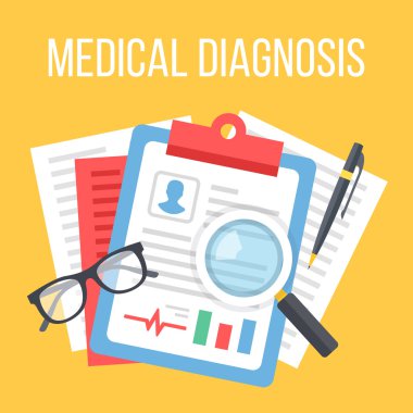 Tıbbi tanı düz illüstrasyon. Teşhis, klinik kayıt, tıbbi kayıt kavramları. Üst te. Düz tasarım vektör illüstrasyon